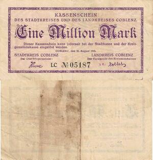 Q5142 Banknote Germany 1 Millionen Mark Kaffenschein Coblenz 1923 - M Offer
