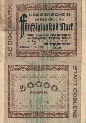 Q5143 Banknote Germany 50000 Mark Kaffenschein Coblenz 1923 - M Offer