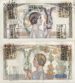 Q5149 Très Rare France 5000 Francs Victoire 1939 Annulé 1953 PCGS AU55 ->Offer