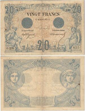Q5156 Extremely Rare Banknote France 20 Francs Noir 1875 PCGS VF25 -> Make offer