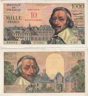 Q5159 Rare Banknote France 1000 Francs Cardinal Richelieu 1957 PCGS AU58 ->Offer