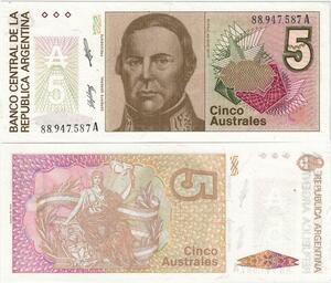 Q5217 Banknote Argentina 5 Australes Justo José de Urquiza Liberty 1986
