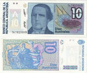 Q5227 Banknote Argentina 10 Australes Santiago Derqui Liberty 1985-1989