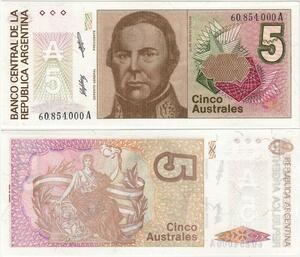Q5229 Banknote Argentina 5 Australes J.J de Urquiza  Liberty 1985-1991