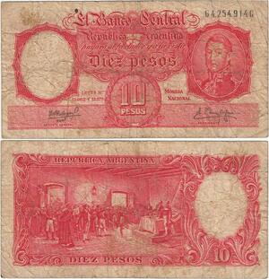 Q5255 Banknote Argentina 10Pesos Jose De San Martin Meeting scene 1954-1963