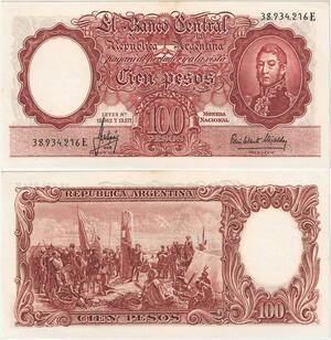 Q5267 Banknote Argentina 100Pesos Jose De San Martin Colons Indians 1957-67