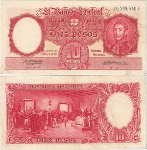 Q5268 Banknote Argentina 10 Pesos Jose De San Martin Meeting scene 1943
