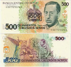 Q5279 Banknote Brazil 500 Cruzados novos Augusto Ruschi Hummingbird 1990