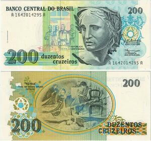 Q5287 Banknote Brazil 200 Cruzeiros Republic effigy painting Patria 1990