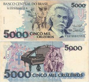 Q5311 Banknote Brazil 5000 Cruzeiros Antônio Carlos Gomes Statue 1990-1993