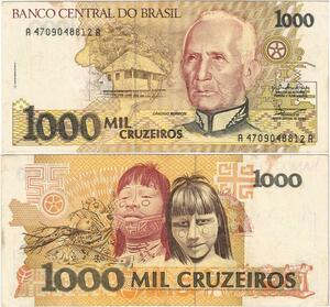 Q5312 Banknote Brazil 1000Cruzeiros Cândido Rondon Carajas Indian 1990-1991