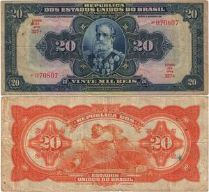 Q5319 Banknote Brazil 20000 Reis Manuel Deodoro da Fonseca Minerva 1919