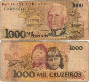 Q5327 Banknote Brazil 1000 Cruzeiros Cândido Rondon Carajas 1990-1991