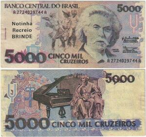 Q5328 Banknote Brazil 5000 Cruzeiros Antônio Carlos Gomes Statue 1990-1993