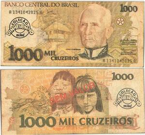 Q5330 Banknote Brazil 1000 Cruzeiros Cândido Mariano Silva Rondon 1990-1991