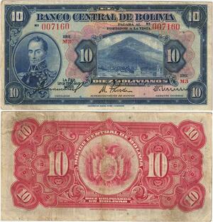 Q5349 Bolivia 10 Bolivares Simon Bolivar National emblem 1928 - Make Offer