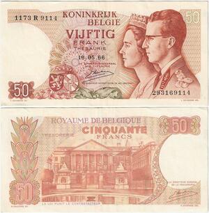 Q5674 Banknote Belgium 50 Francs Baudouin I Queen Fabiola 1966 AU -> Make offer