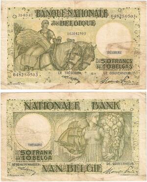 Q5718 Banknote Belgium 50 Francs 10 Belgas Trésorerie 1947 -> Make offer