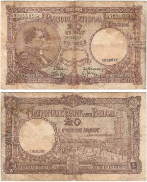 Q5719 Banknote Belgium 20 Francs Albert I Queen Elizabeth 1940 -> Make offer