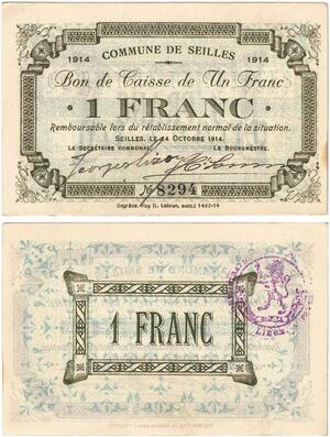 Q5733 Banknote Belgium Ardennes Seilles WWI 1 Franc 1914 UNC -> Make offer