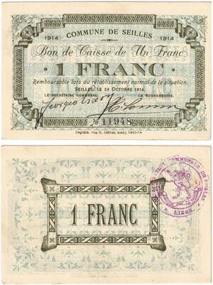 Q5752 Banknote Belgium Ardennes Seilles WWI 1 Franc 1914 UNC -> Make offer
