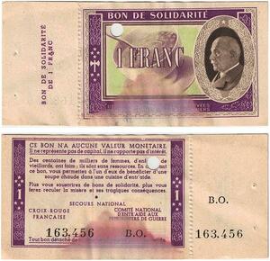 Q5757 Banknote France Bon Solidarité 1 Franc Pétain 1941 Non Vendu -> Make offer
