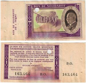 Q5765 Banknote France Bon Solidarité 1 Franc Pétain 1941 Non Vendu -> Make offer