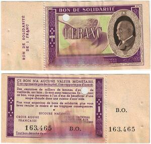 Q5766 Banknote France Bon Solidarité 1 Franc Pétain 1941 Non Vendu -> Make offer