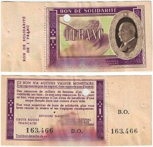 Q5767 Banknote France Bon Solidarité 1 Franc Pétain 1941 Non Vendu -> Make offer