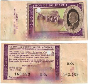Q5784 Banknote France Bon Solidarité 1 Franc Pétain 1941 Non Vendu -> Make offer