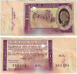Q5785 Banknote France Bon Solidarité 1 Franc Pétain 1941 Non Vendu -> Make offer
