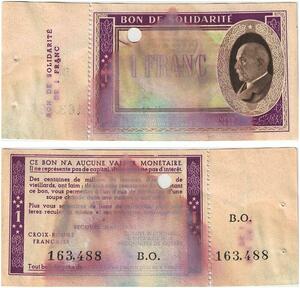 Q5789 Banknote France Bon Solidarité 1 Franc Pétain 1941 Non Vendu -> Make offer