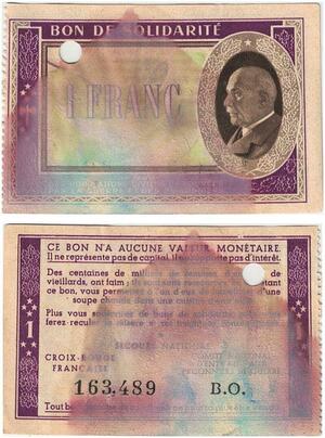 Q5790 Banknote France Bon Solidarité 1 Franc Pétain 1941 Vendu -> Make offer