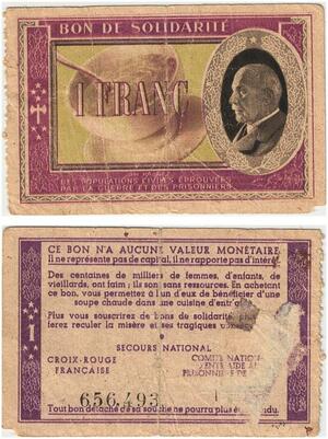Q5791 Banknote France Bon Solidarité 1 Franc Pétain 1941 Vendu -> Make offer