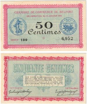 Q5799 Banknote France Belfort 50 Centimes Semeuse Nécéssité 1916 AU -> M offer