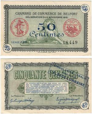 Q5800 Banknote France Belfort 50 Centimes Semeuse Nécessité 1918 UNC -> M offer
