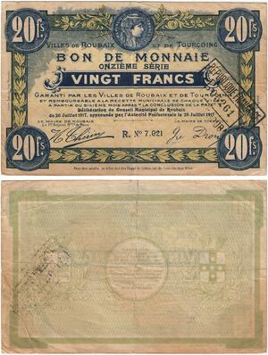 Q5803 Banknote France Roubaix Tourcoing 20 Francs Nécessité 1917 -> Make offer