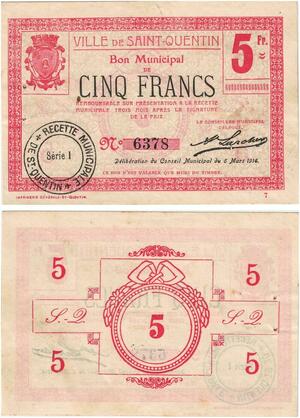 Q5804 Banknote France Saint Quentin 5 Francs Nécessité 1916 AU -> Make offer
