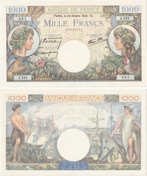 Q5812 Banknote France 1000 Francs Commerce Industrie 1940 UNC -> Make offer