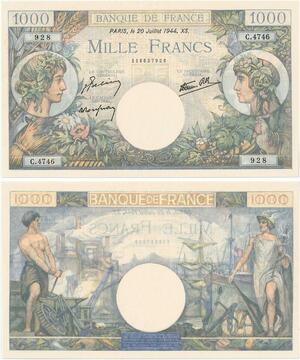 Q5813 Banknote France 1000 Francs Commerce Industrie 1944 UNC -> Make offer