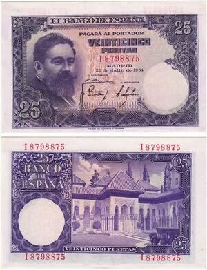 Q5911 Banknote Spain 25 Pesetas Isaac Albéniz 1954 UNC -> Make offer