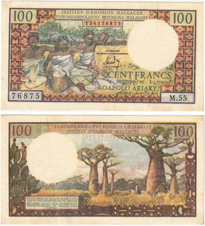 Q5919 Banknote Madagascar 100 Francs 20 Ariary 1964 Miadana -> Make offer