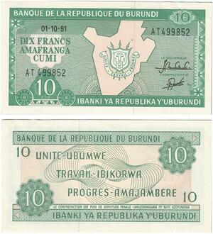 Q5925 Banknote Burundi 10 Francs Unité Travail Progrès 1991 UNC -> Make offer