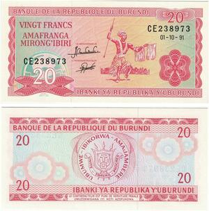 Q5926 Banknote Burundi 20 Francs Danseur 1991 UNC -> Make offer