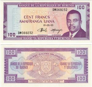 Q5927 Banknote Burundi 100 Francs Prince Louis Rwagasore 1993 UNC -> Make offer