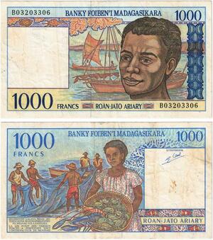 Q5932 Banknote Madagascar 1000 Francs 200 Ariary 1994 -> Make offer