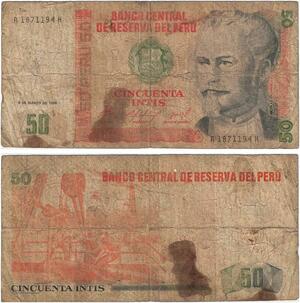Q5947 Banknote Peru 50 Intis Nicolas de Pierola 1986 -> Make offer