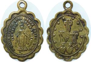 Q6690 Médaille O Marie Priez pour nous Vierge Marie 2 coeurs