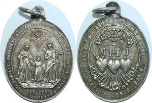 Q7018 Médaille Association St Famille Jesus Marie Joseph 3 coeurs Silvered