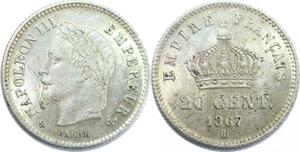 Q8601 France 20 Centimes Napoléon III 1867 BB Strasbourg Argent SUP+